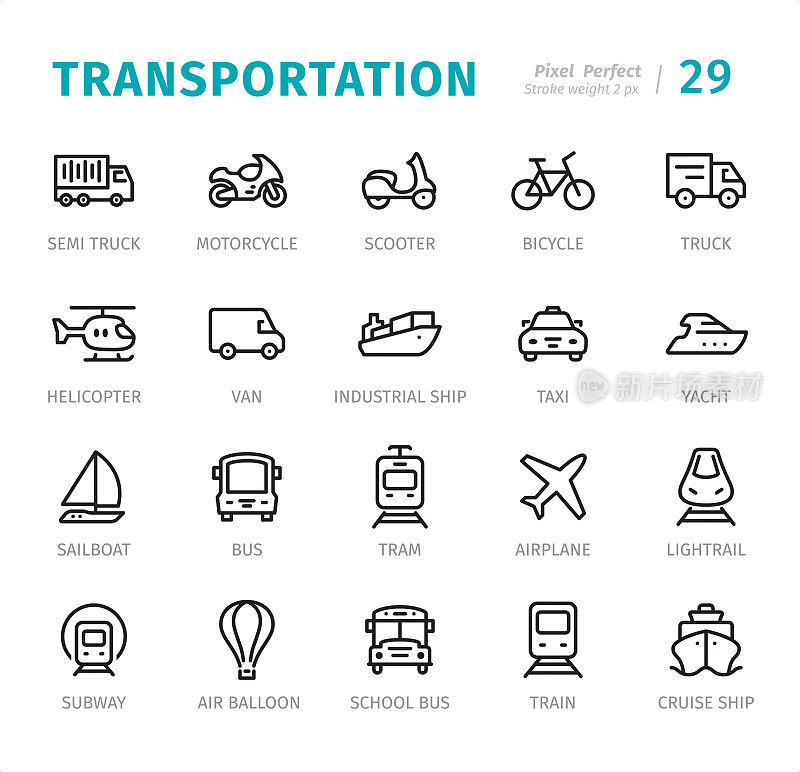 Transportation - Pixel Perfect line icons with captions